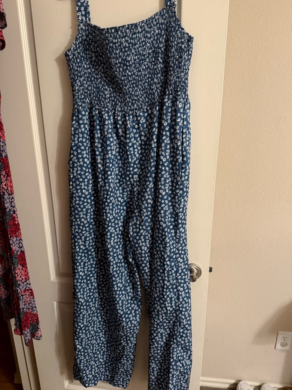 Blue Floral Smocked Jumpsuit